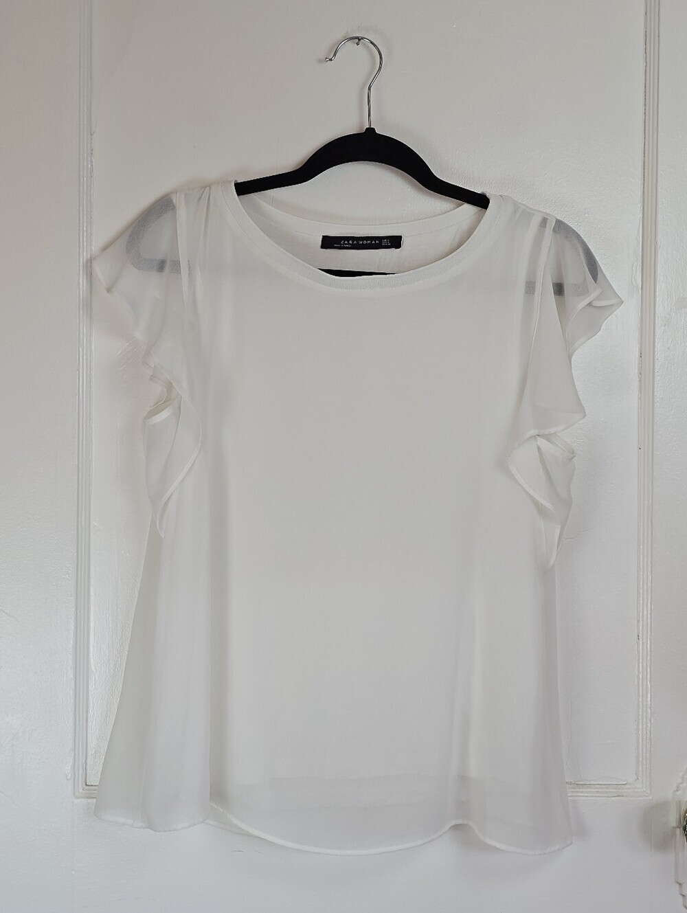 Zara White Chiffon and Knit Ruffle Sleeve Blouse S
